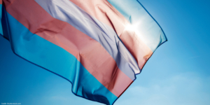 Tricolor blue pink and purple trans flag billowing in the wind with blue sky in the background and sunlight shining through the top right corner