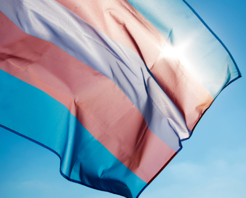 Tricolor blue pink and purple trans flag billowing in the wind with blue sky in the background and sunlight shining through the top right corner
