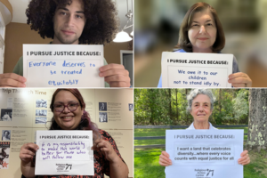 Four people of different ages and backgrounds in box squares each holding signs saying "I pursue justice because", with their answers handwritten on the signs.