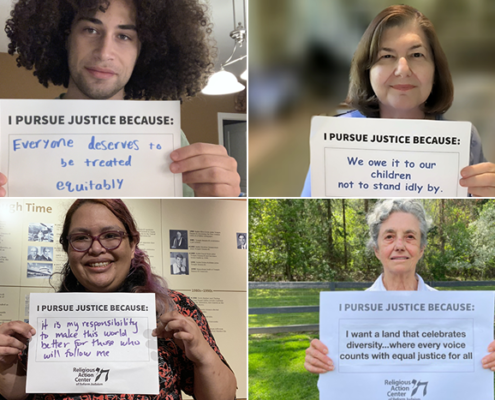 Four people of different ages and backgrounds in box squares each holding signs saying "I pursue justice because", with their answers handwritten on the signs.