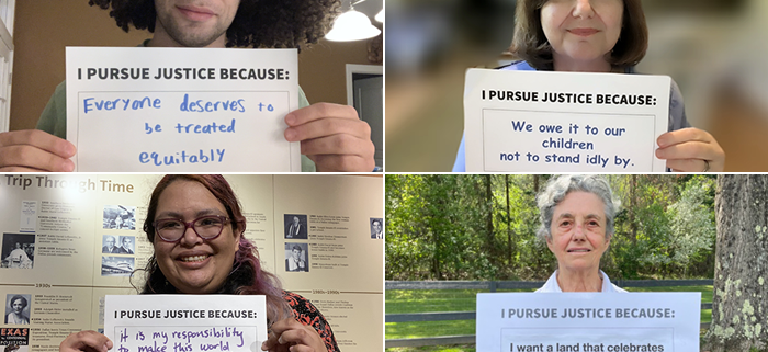 Four people of different ages and backgrounds in box squares each holding signs saying "I pursue justice because", with their answers handwritten on the signs.