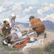 Tissot's the Death of Aaron shows two men of antiquity preparing a third man, the priest Aaron (Moses' brother), for burial