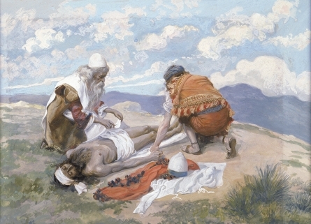 Tissot's the Death of Aaron shows two men of antiquity preparing a third man, the priest Aaron (Moses' brother), for burial